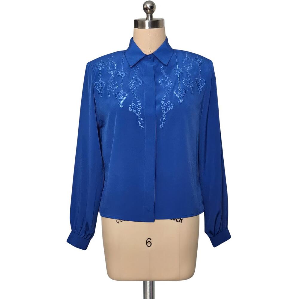 Vintage 80's 90's Blue DAVID MATTHEW Ornate Chain Heart Button Up Top Blouse 4